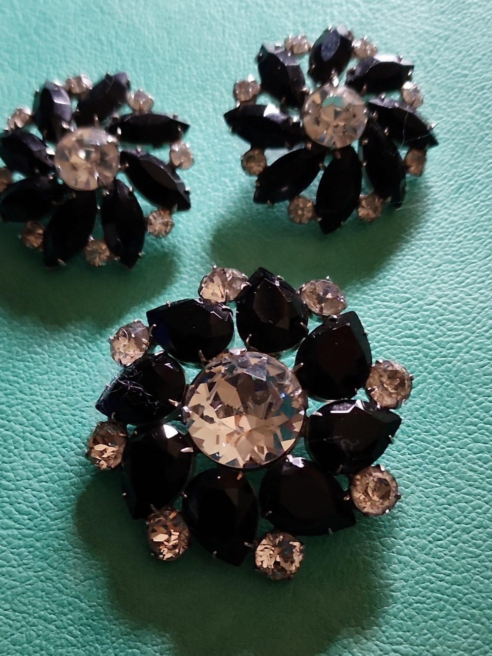 Vogue Black and Clear Crystal Floral Brooch Set